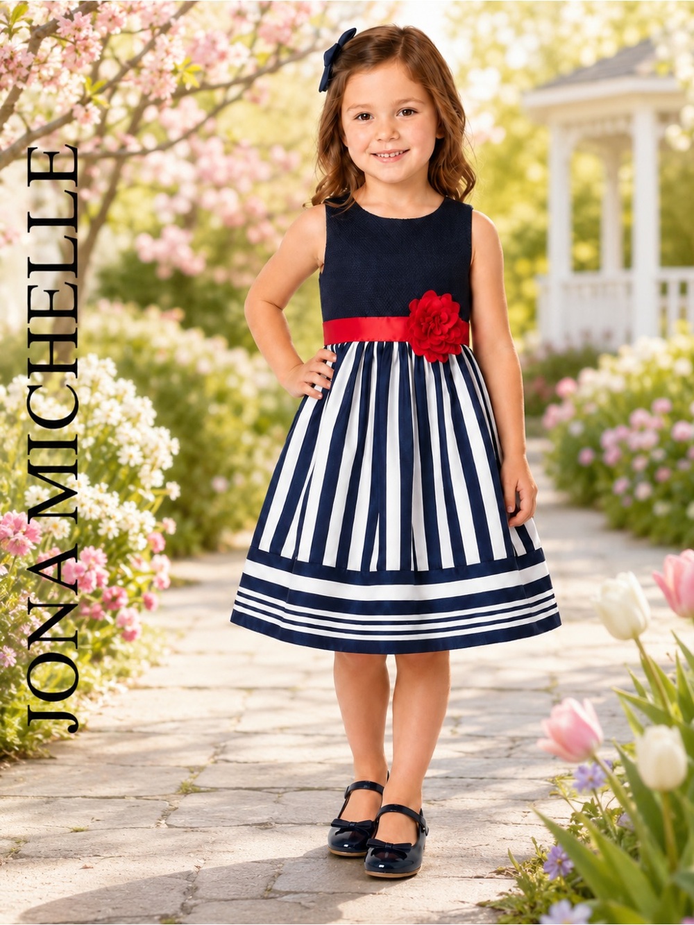Jona Michelle Girls Navy White Striped Party Dress Red Flower Size 2